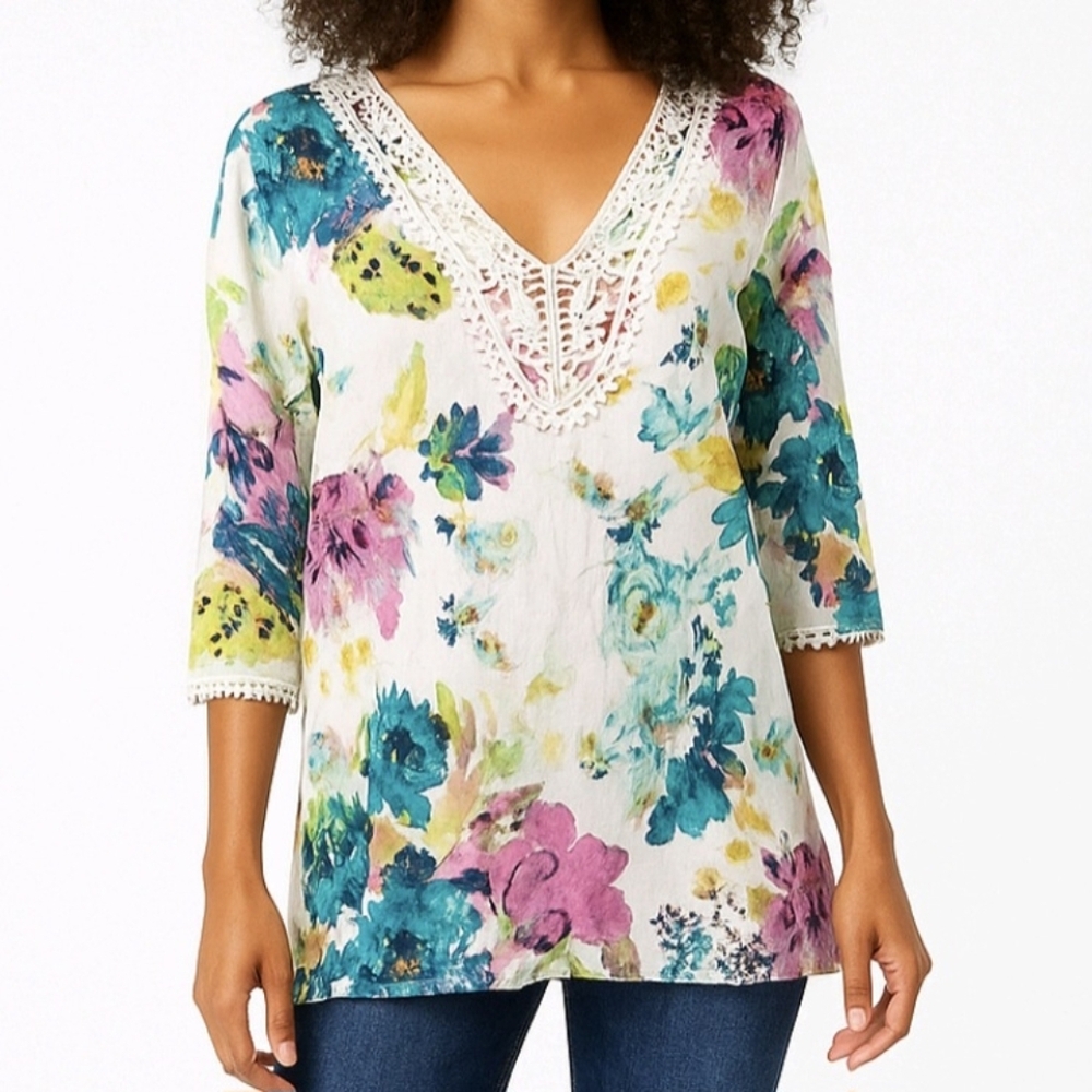 Context Blouse Linen 3/4 Sleeve  Lace V Neck White Multicolor Floral Siz…